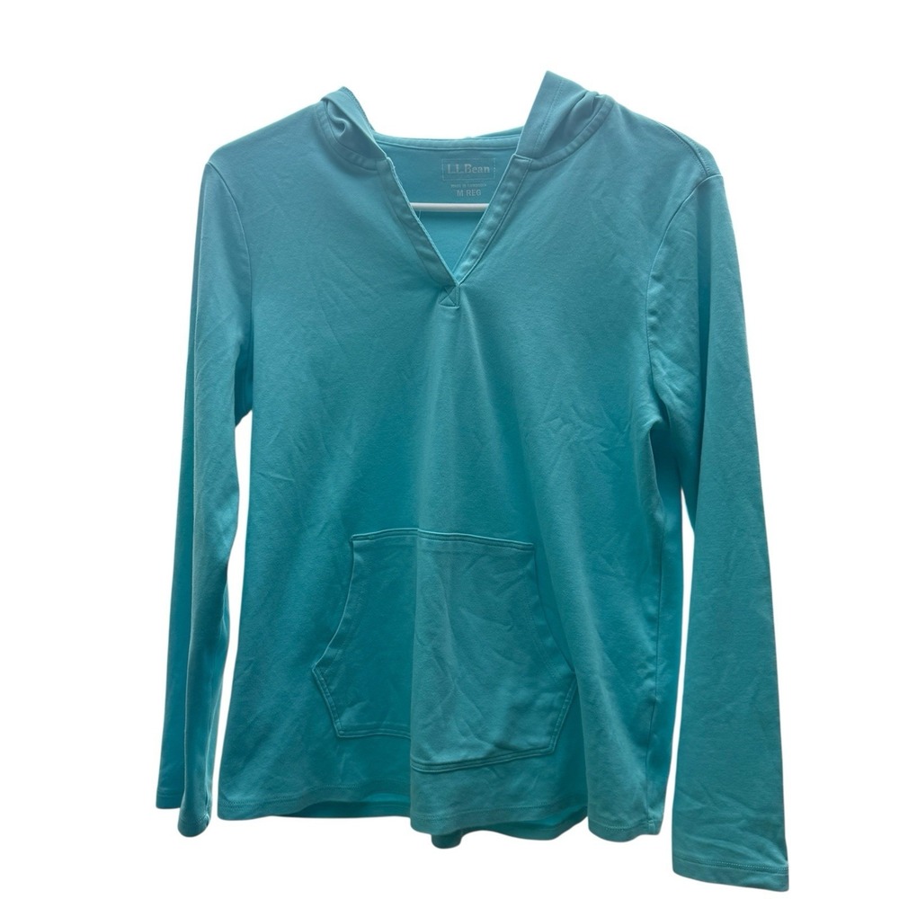 LL Bean Womens Long Sleeve Hoodie T-Shirt Lightweight Turquoise Pullover Med‎